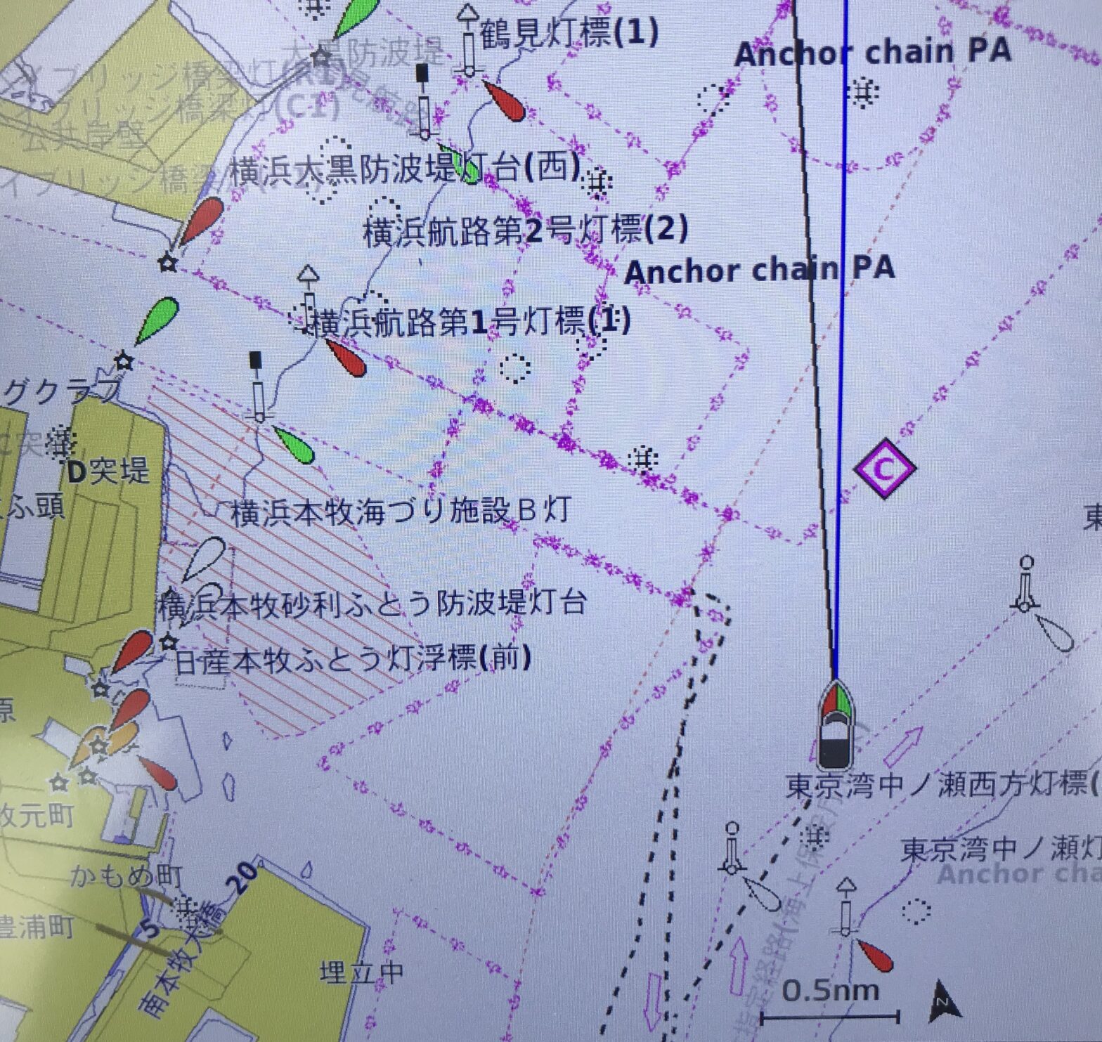 GPS上に表示された横浜港周辺